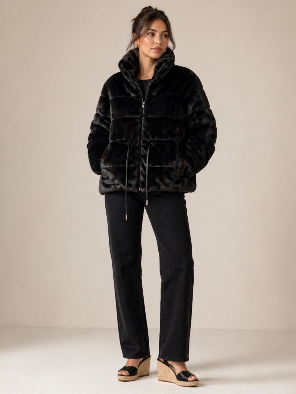 Elie Tahari Black Faux Fur Drawstring Teddy Jacket